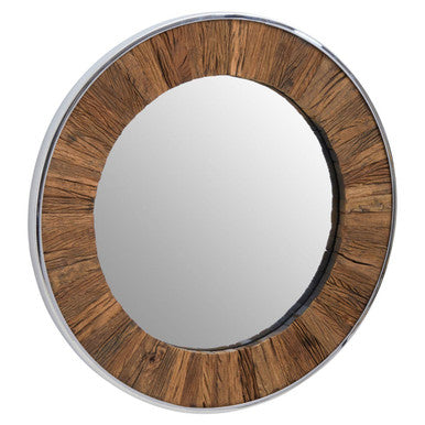 Round mirror with a wooden frame on a white background