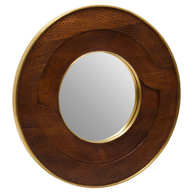 Round wooden mirror with gold frame on a white background