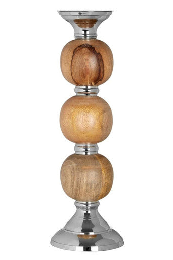 Decorative candle holder with wooden beads and chrome base on a white background