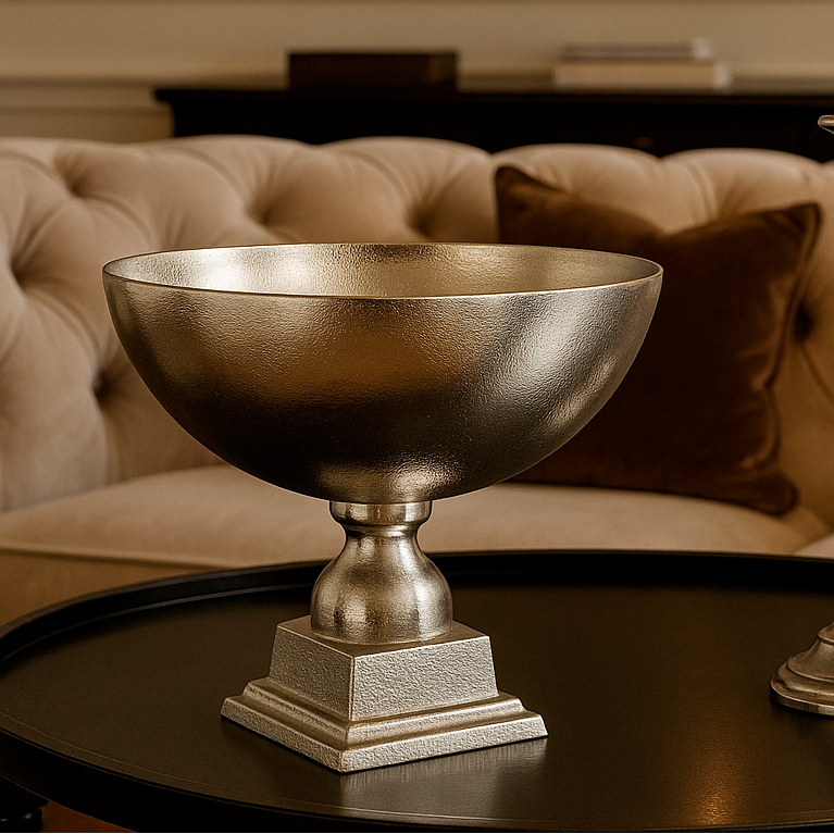 Decorative bowl and candlesticks on a table with a blurred background of a living room.