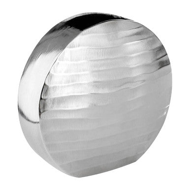 Silver metallic sphere with reflective surface on a white background