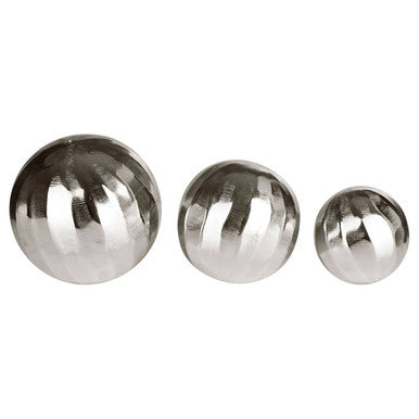 Three metallic spheres of different sizes on a white background