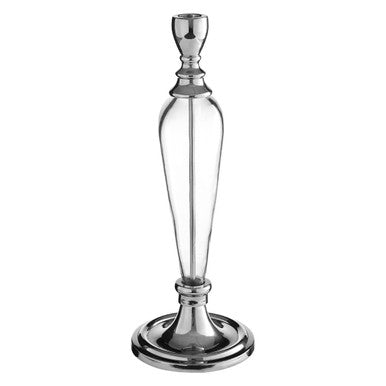 Clear glass candle holder with silver base and top on a white background