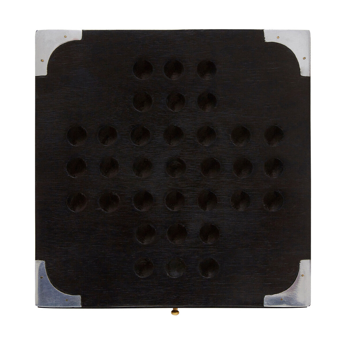 Black square object with multiple holes on a white background