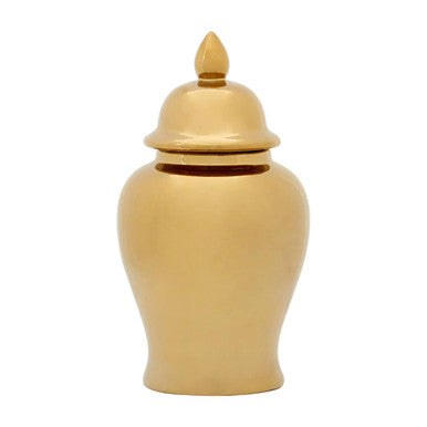 Gold-colored urn with a lid on a white background