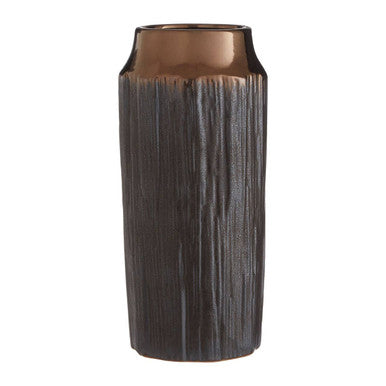 Tall cylindrical vase with ribbed texture on a white background