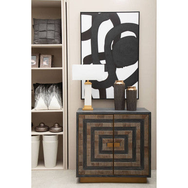 Decorative cabinet with geometric design in a room setting