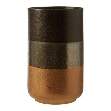 Two-toned ceramic vase with black and brown stripes on a white background