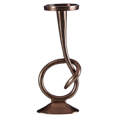 Bronze candle holder with a unique spiral design on a white background