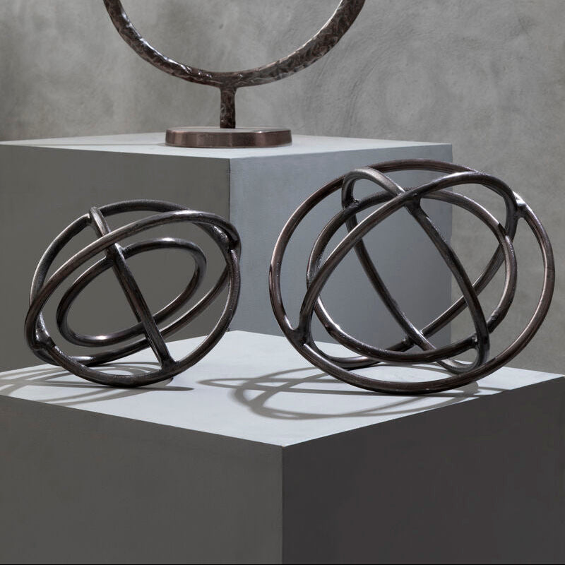Nexus Set of Two Bronze Finish Sphere Sculptures