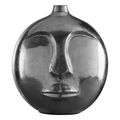 Decorative vase with face design on a white background