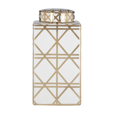 Decorative jar with geometric pattern on a white background