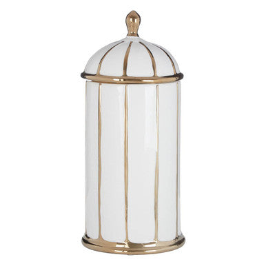 Decorative glass jar with gold accents on a white background