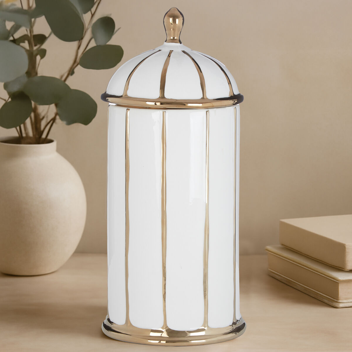 Coletta Large White and Gold Ceramic Jar - Image 2