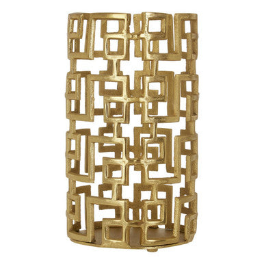 Gold decorative vase with geometric pattern on a white background
