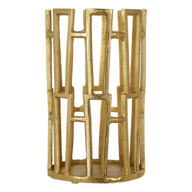 Gold decorative vase with geometric design on a white background