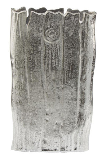Textured silver vase with a unique pattern on a white background