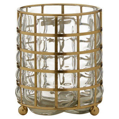 Decorative glass vase with gold metal cage on a white background