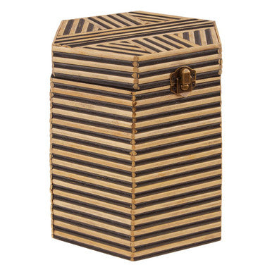 Hexagonal striped storage box with a lid on a white background