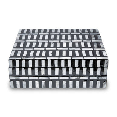 Black and white striped rectangular box on a white background
