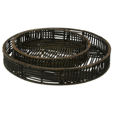 Set of two black wicker baskets on a white background