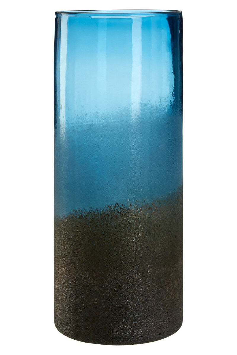 Cylindrical glass vase with blue and black gradient on a white background