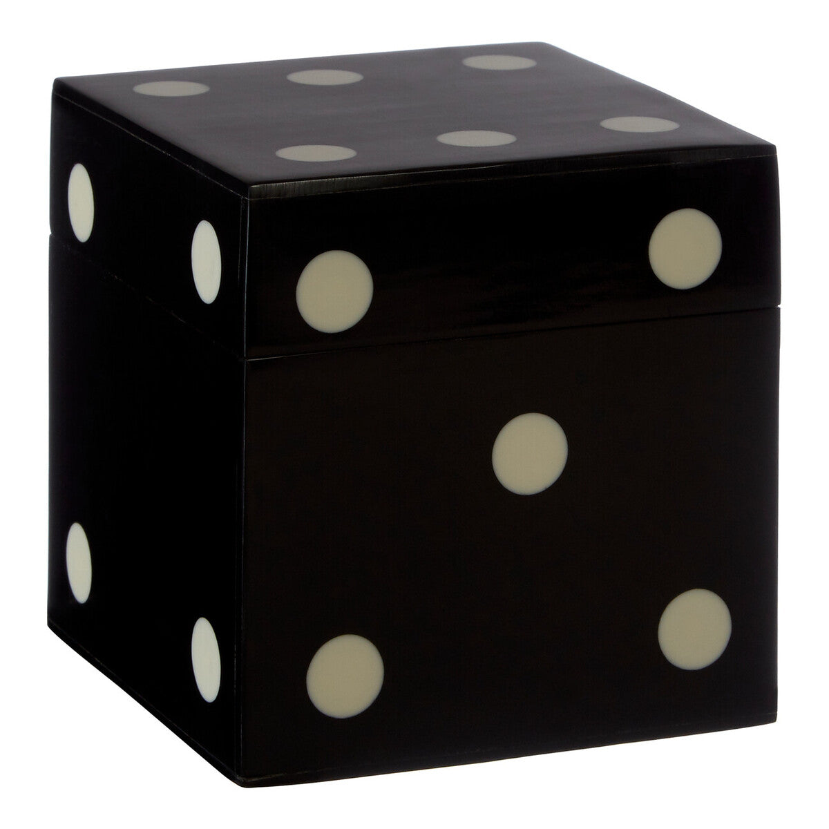 Black dice-shaped box with white dots on a white background