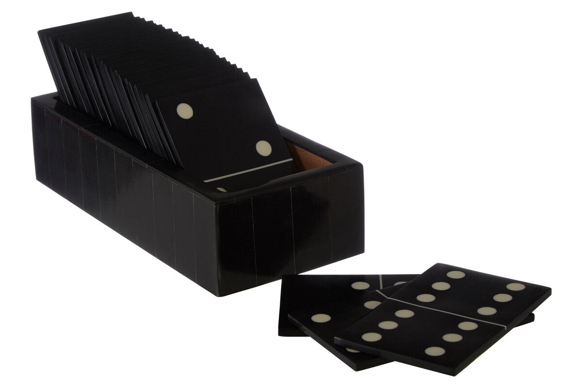 Black domino set with cards in a black holder on a white background