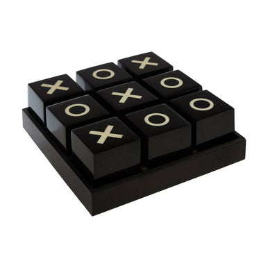 Black tic-tac-toe board with pieces on a white background