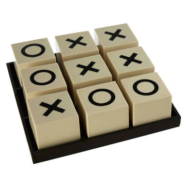 Tic-tac-toe game set with wooden blocks on a white background