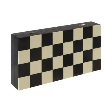 Checkered black and beige folding chessboard on a white background