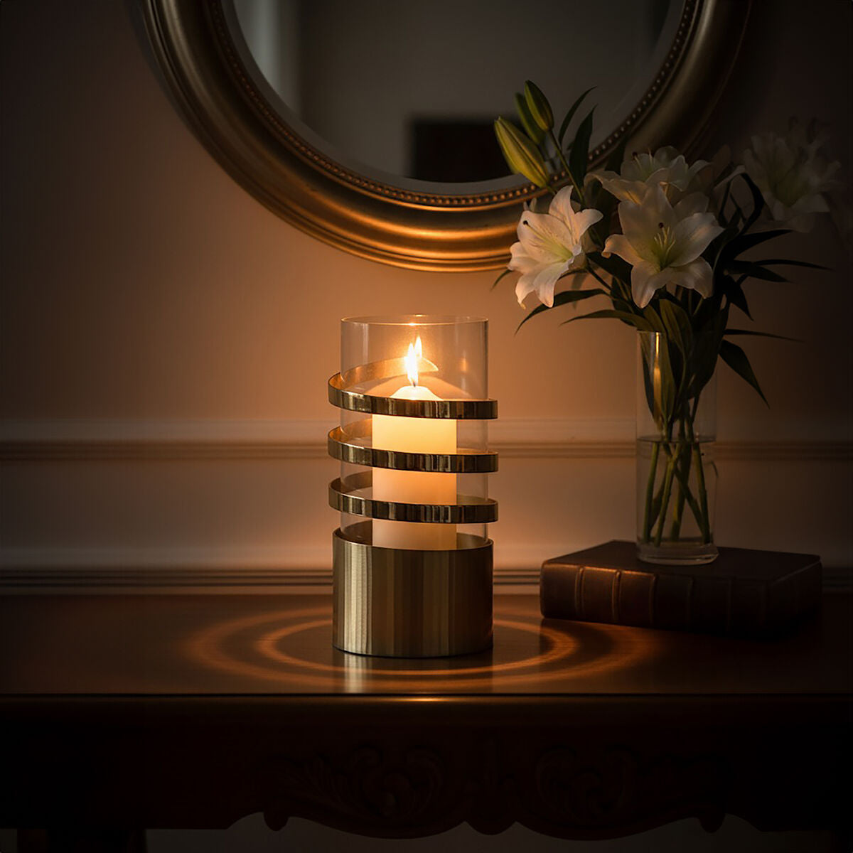 Amreli Large Vertical Textured Gold Metal Hurricane Candle Holder