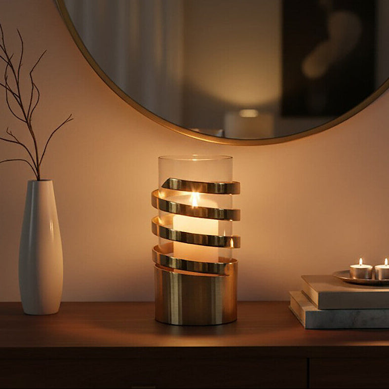 Amreli Small Vertical Textured Gold Metal Hurricane Candle Holder - Image 2