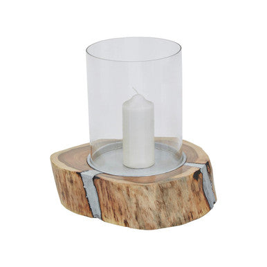 Almora Large Acacia and Glass Hurricane Candle Holder