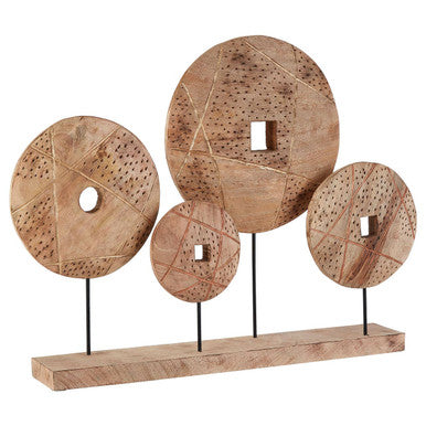 Set of wooden circular decorations on a stand with a white background