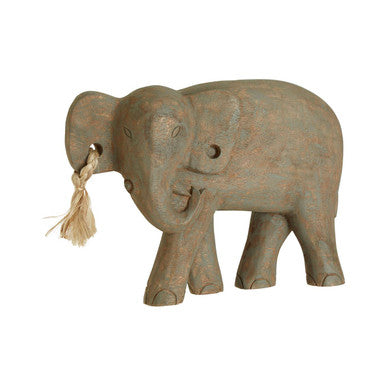 Bronze elephant figurine with a tassel on a white background