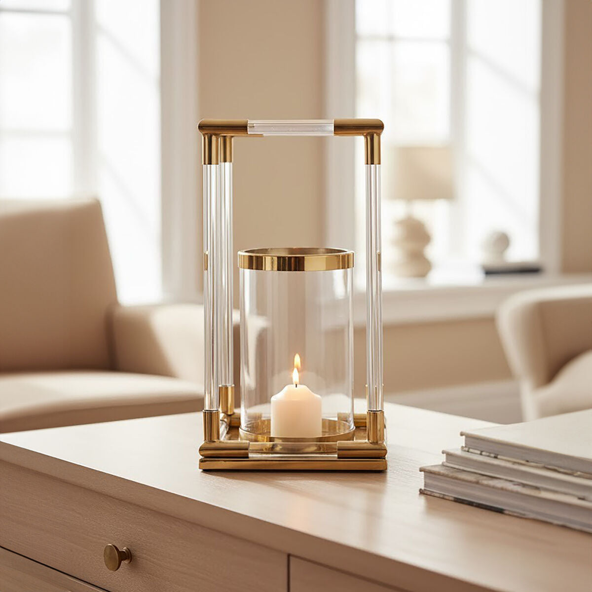 Lucita Large Candle Holder in Gold Finish and Acrylic