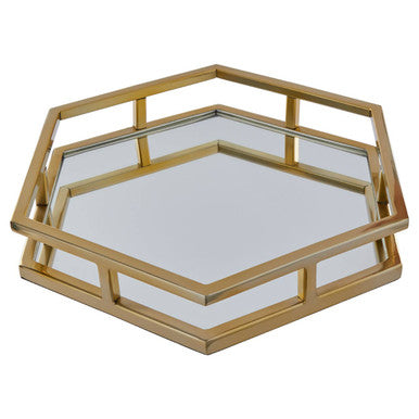 Hexagonal mirror tray with gold frame on a white background