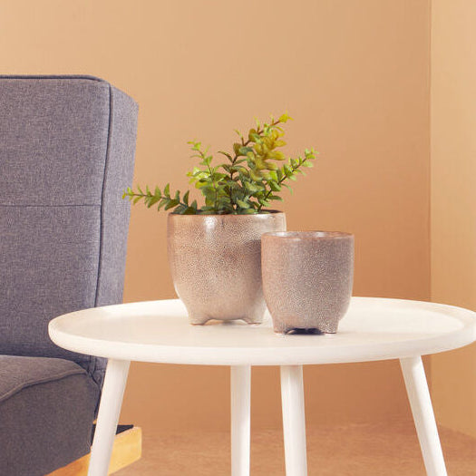 Gray sofa with a white side table and potted plants against a beige wall.