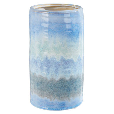 Tall cylindrical vase with blue and gray gradient on a white background