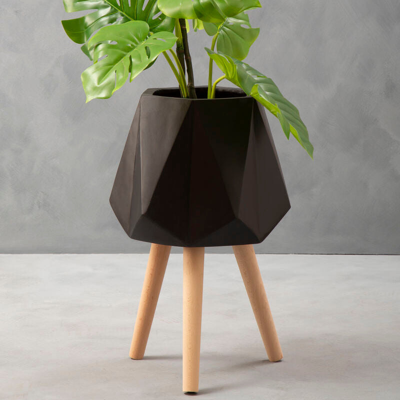 Geometric black planter with a plant on a gray background