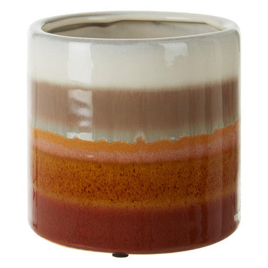 Cylindrical ceramic planter with layered brown and beige design on a white background