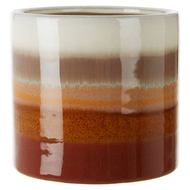 Cylindrical ceramic vase with layered brown and beige glaze on a white background