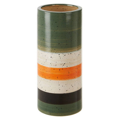 Cylindrical ceramic vase with layered colors on a white background