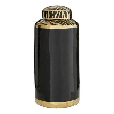 Black cylindrical container with gold accents on a white background
