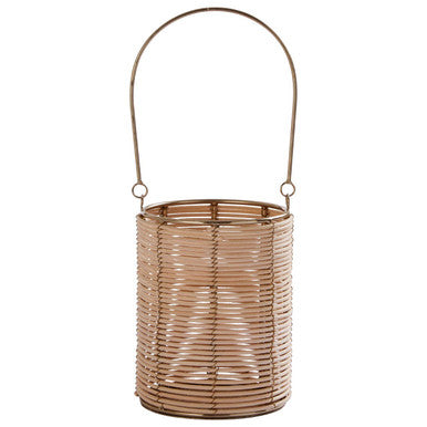 Woven basket with a handle on a white background