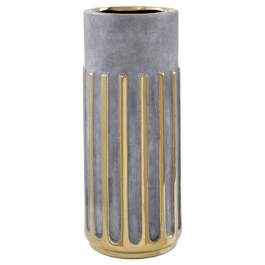 Tall cylindrical vase with gray and gold design on a white background
