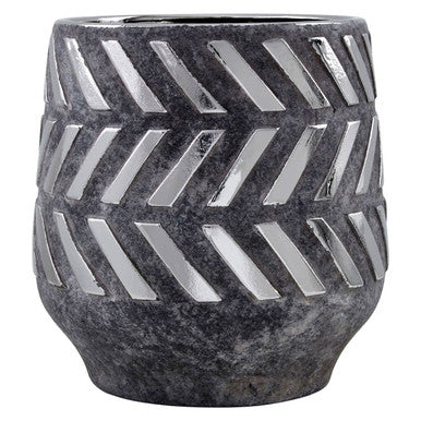 Decorative gray vase with zigzag pattern on a white background