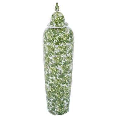 Decorative vase with green leaf pattern on a white background