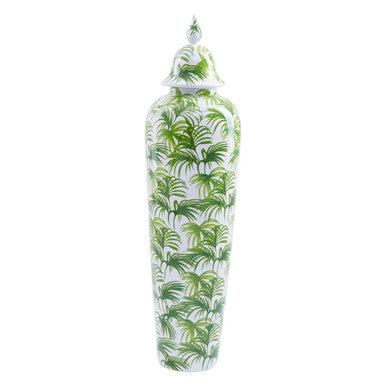 Decorative vase with green palm leaf pattern on a white background